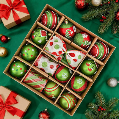 Ensemble de 18 ornements d'arbre de Noël - boules suspendues rouges et vertes, arcs et ruban, décorations incassables pour arbre de Noël et fêtes