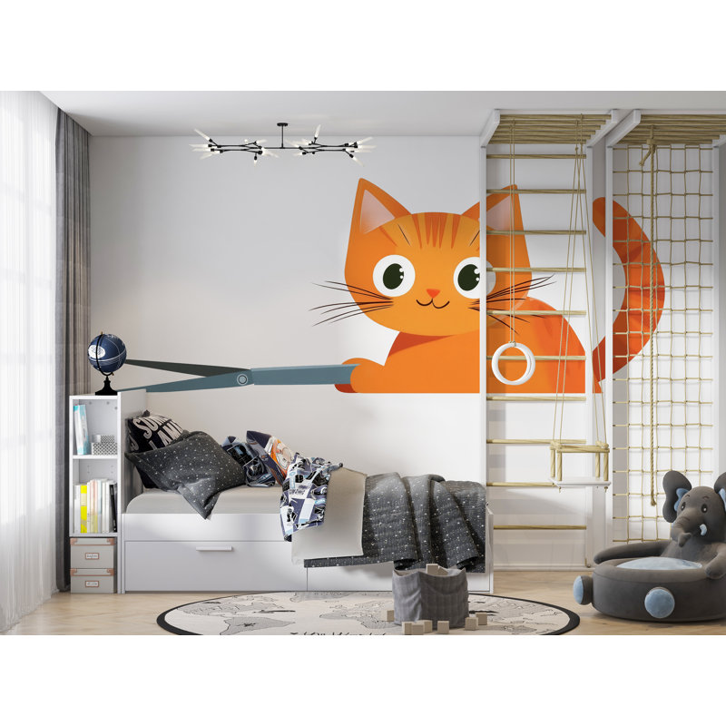 Adhésif décoratif orange, chat, chaton, dessin animé, autocollant mural, H 29 po x l 55 po