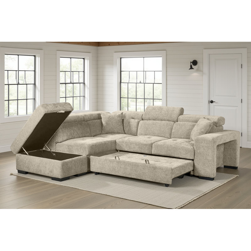 Corner Sofabed with Storage and Ottomans, Beige Chenille, Left Hand Facing