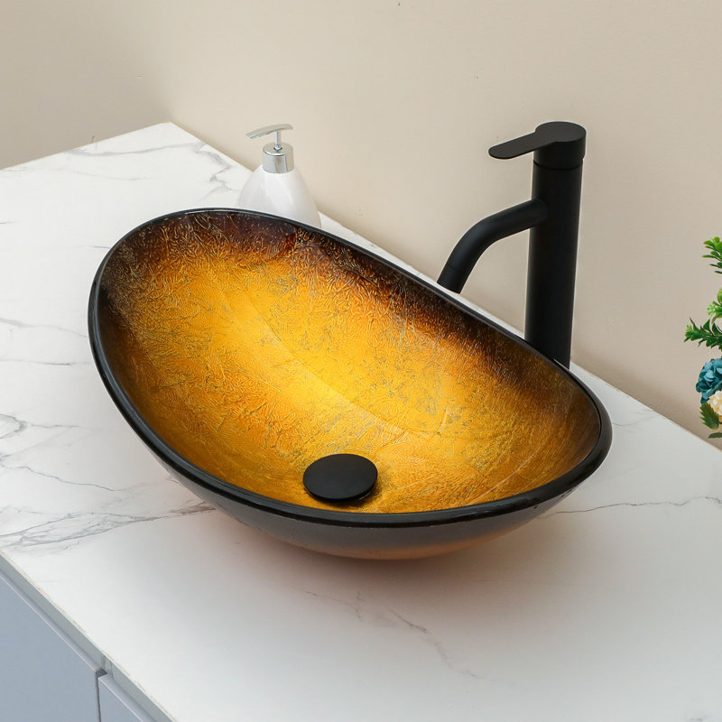 Lavabo vasque ovale en verre 21,5 "avec bonde escamotable, Jaune