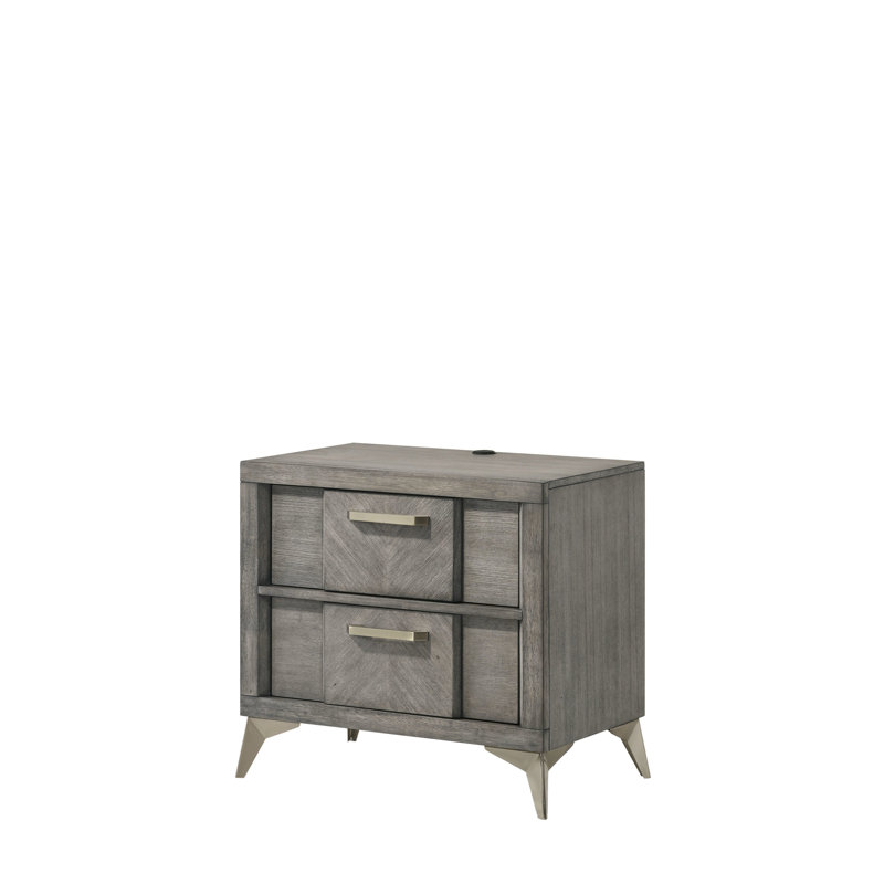 Table de chevet avec 2 tiroirs en placage gris et plateau en stratifié à base en métal