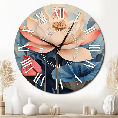 Lotus en douce floraison - Horloge murale ronde silencieuse en métal à motif floral