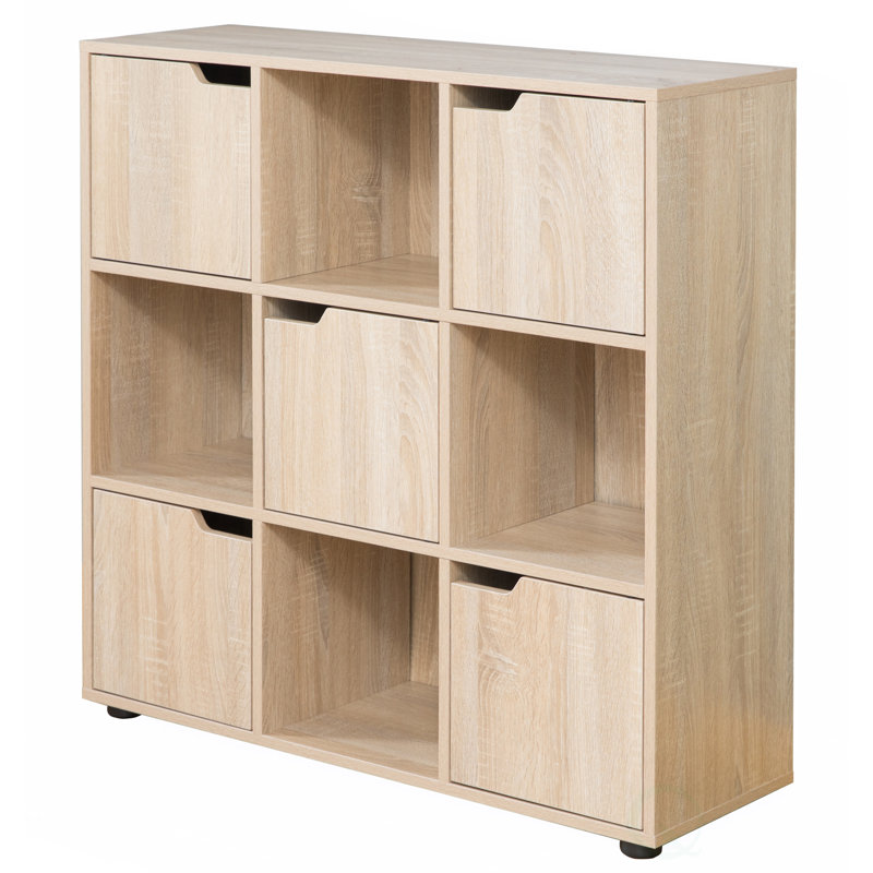 Basicwise 9 Cube Storage Organizer with 5 Doors and 4 Shelves - Bookshelf with Magnetic Closure, Wood Bookcase, 35"W x 11.5"D x 36"H, Oak - Living Room Furniture, Wooden Organizer for Home Office
