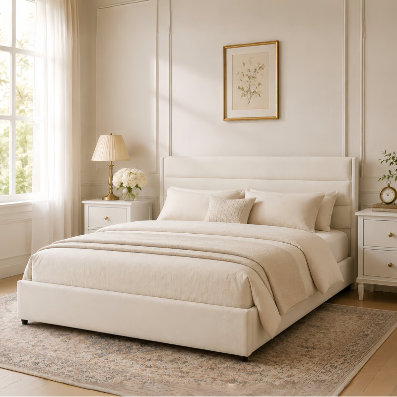 Brezzy Upholstered Storage Bed with Wingback, Cream Velvet, Queen