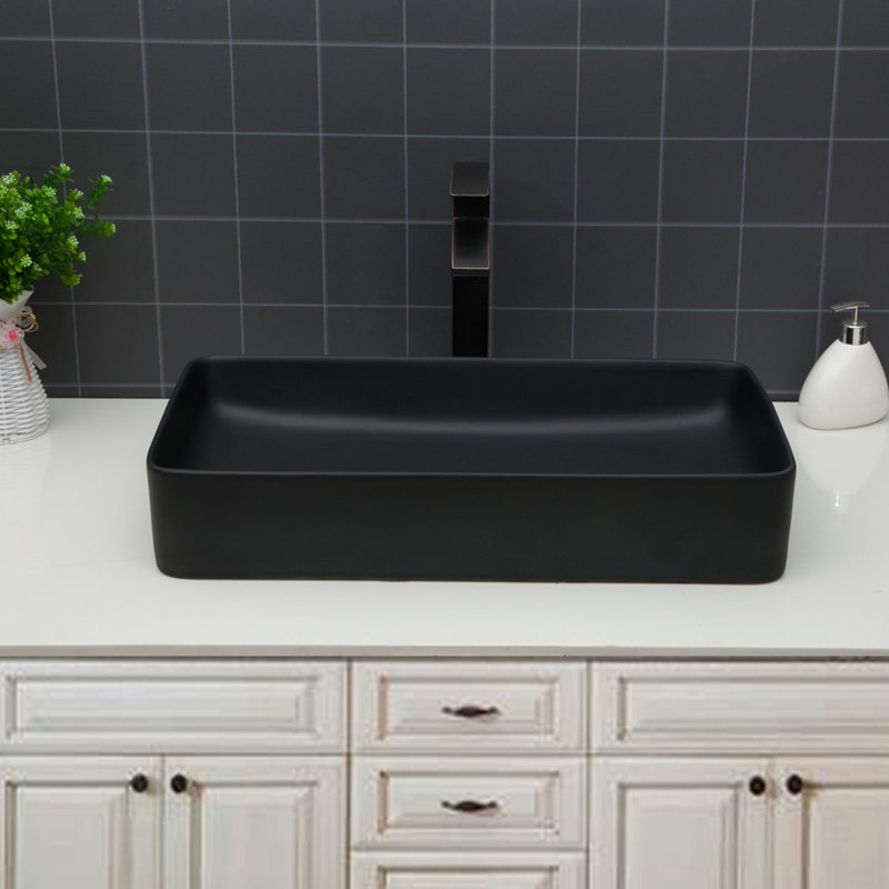Rectangular Black Vessel Ceramic Bathroom Sink 24"X13.5", European Contemporary Style, Low Water Absorption, Smooth Surface, Above Counter Installation Inspired Finish, Setup