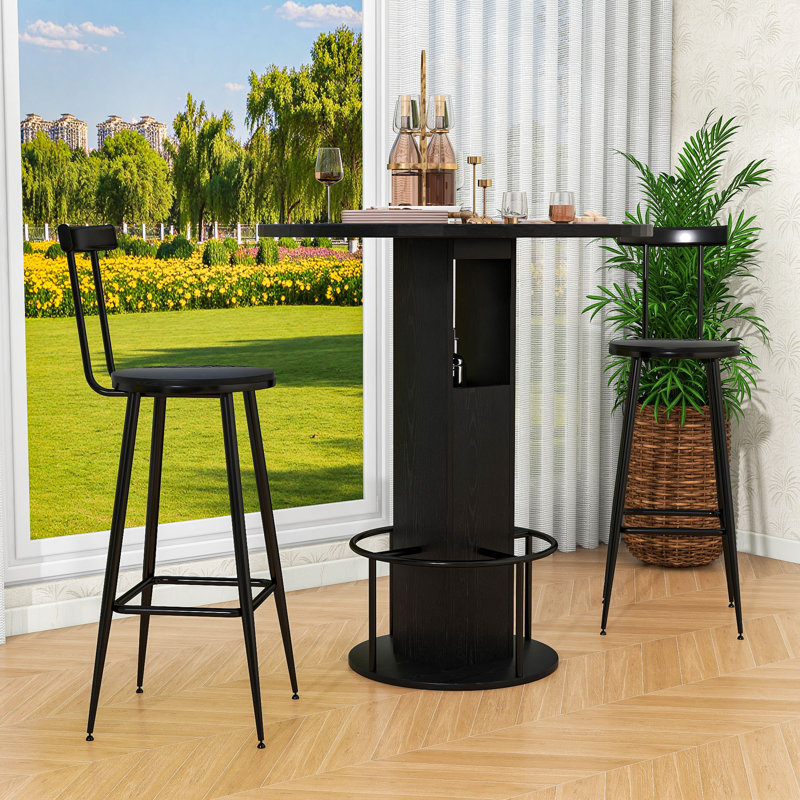 Ensemble de table de salle à manger 3 pièces, table de salle à manger ronde avec rangement et 2 tabourets de bar pour la salle à manger