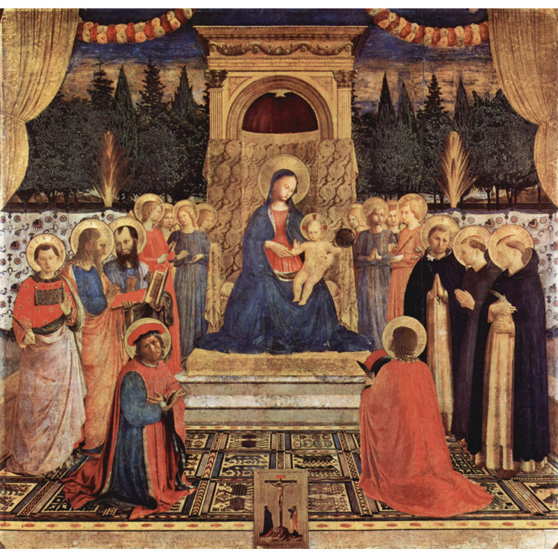 Madone avec l'enfant, saints et crucifixion, H 20 po x l 21 po