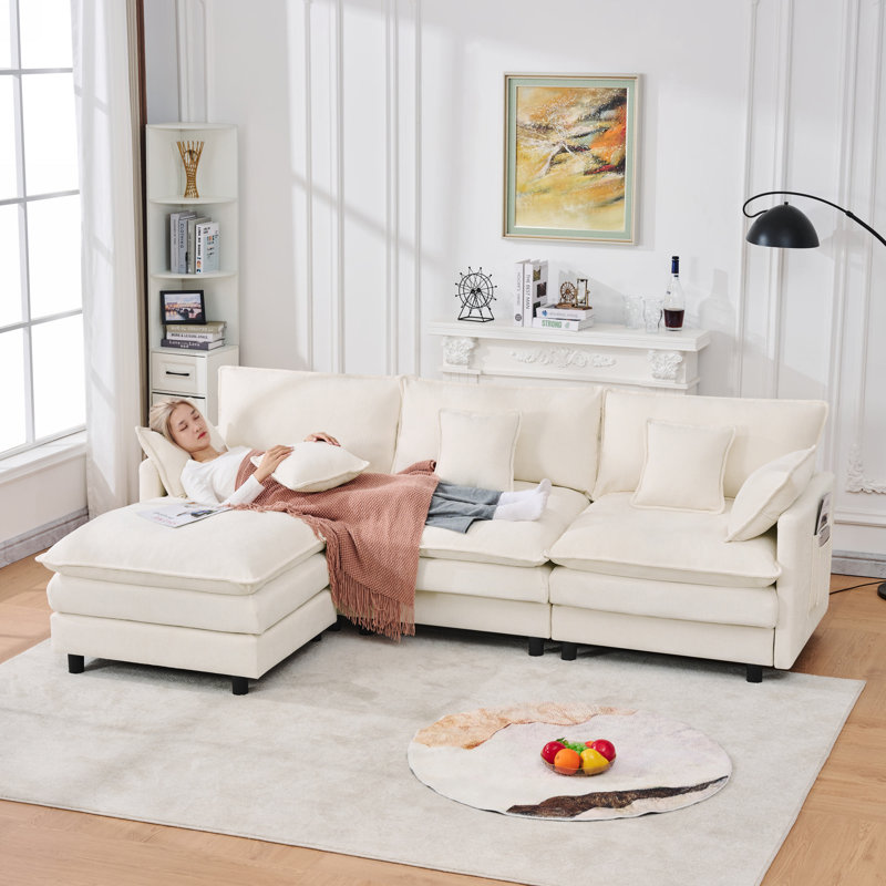101.9-Inch L-Shaped Sectional Sofa With Modular Design And Cashmere Fabric, Beige Chenille
