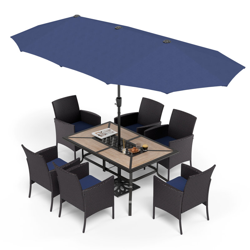 Alyah 6 - Person Patio Dining Set with Rectangular Table , Cushions Included, Navy