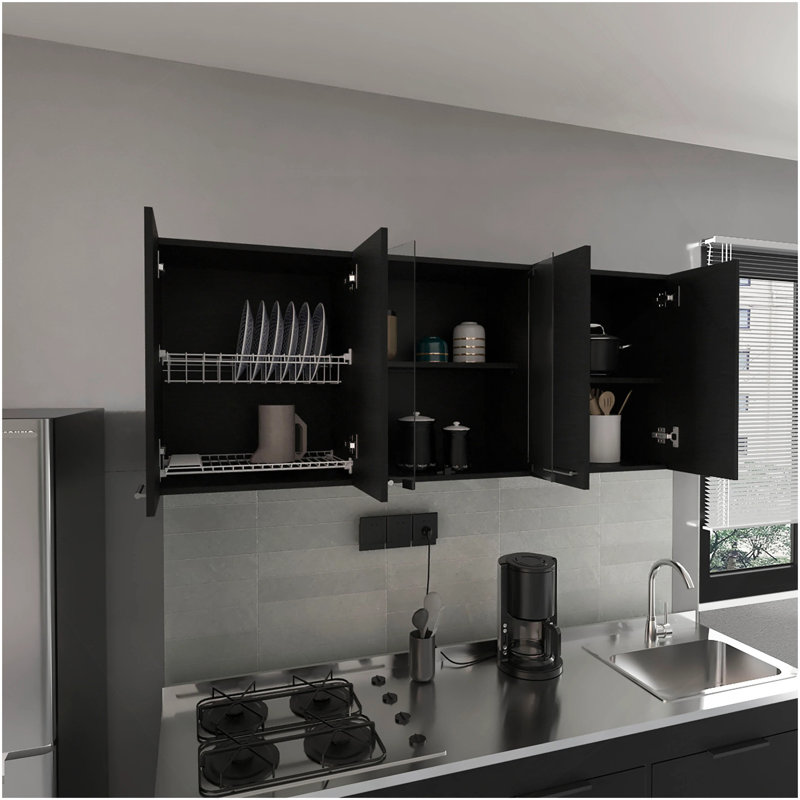 Shelton 59-Inch Two Center Glass Doors Wall Cabinet Black Wengue