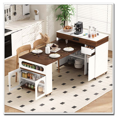 Extendable Dining Table with Extra-Long Folding Top, Drawers, Power Outlet, and Rolling Casters