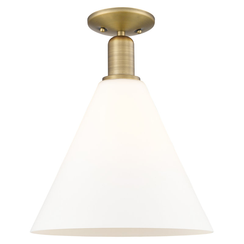 Plafonnier semi-encastré 1 lumière Arcadia - Berkshire Glass, Laiton brossé, H 14,5 po x l 12 po x P 12 po, Blanc mat