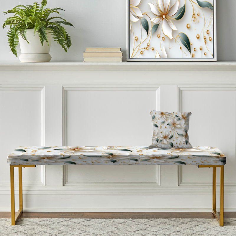 Banc floral rembourré or, Glamour doré et opulence de marbre blanc perle