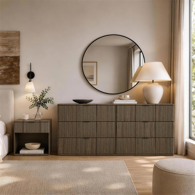 Ensemble de chambre à coucher 2 pièces avec commode et table de chevet moderne en noyer Clive, Walnut
