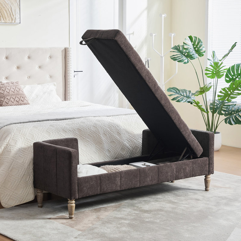Banc de rangement en chenille avec accoudoirs et 2 traversins, Coffee
