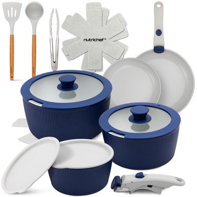 Nutrichef 18-Piece Cookware Set With Detachable Handles, Space-Saving Nonstick Pots, Pans & Lids, Oven-Safe Bowls, Stackable Storage, Includes Cooking Utensils & Accessories (Blue)