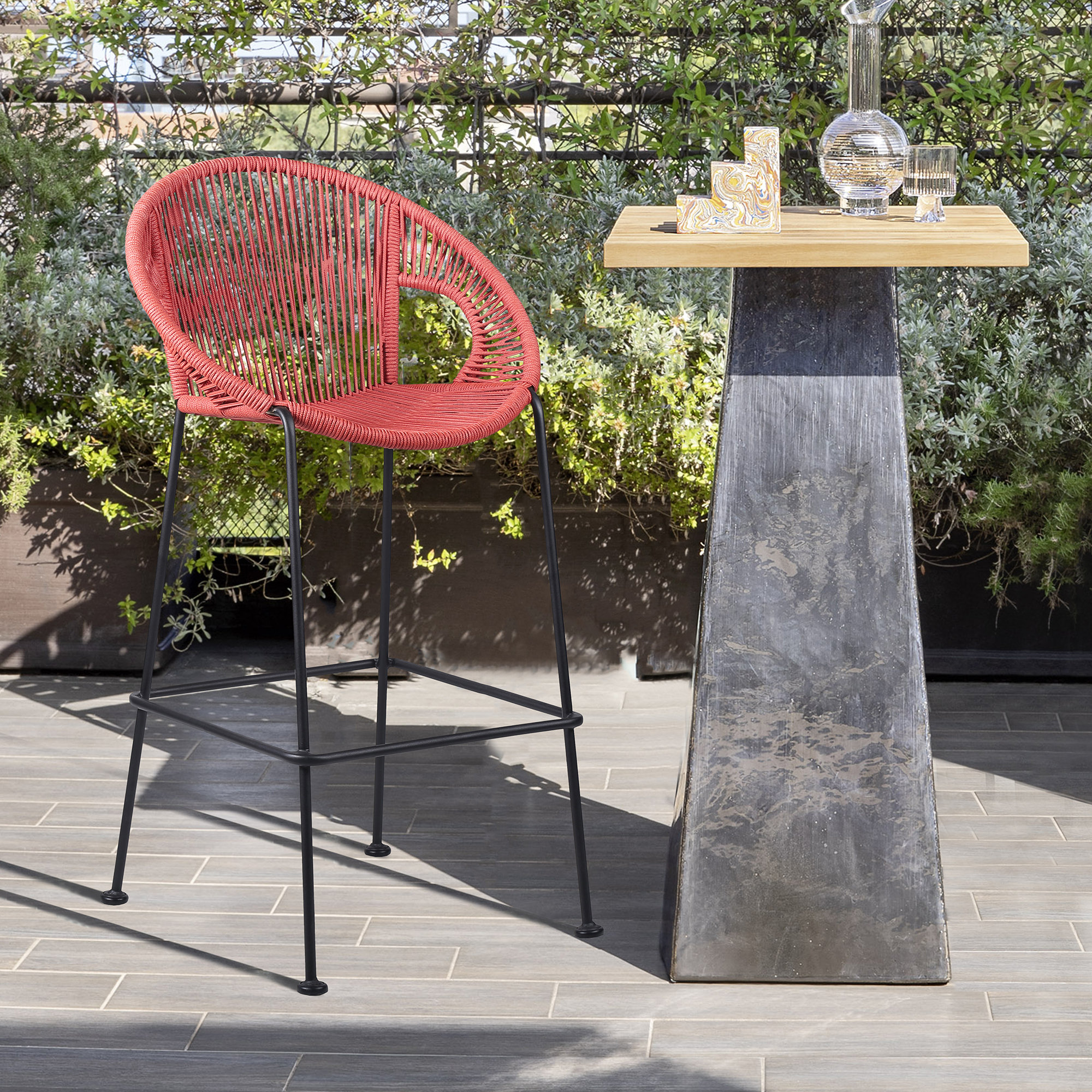 Champlost Outdoor Patio Steel Counter or Bar Stool with Rope, Brick Red, 26"