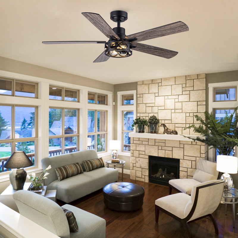 52 Inch 2 Lights Industrial Ceiling Fan Lights  Remote Control, Reversible 5 Blades Dark Grey Wood Grain with 6 Speeds, DC Quiet Motor for Dining Room, Bedroom.