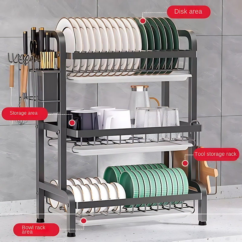 Multifunctional Kitchen Dish Drainer Rack, Utensil Holder And Storage Organizer With Drying Tray For Countertop