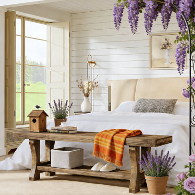 55" Solid Wood Entryway Bench, 2-Tier Long End of Bed Bench