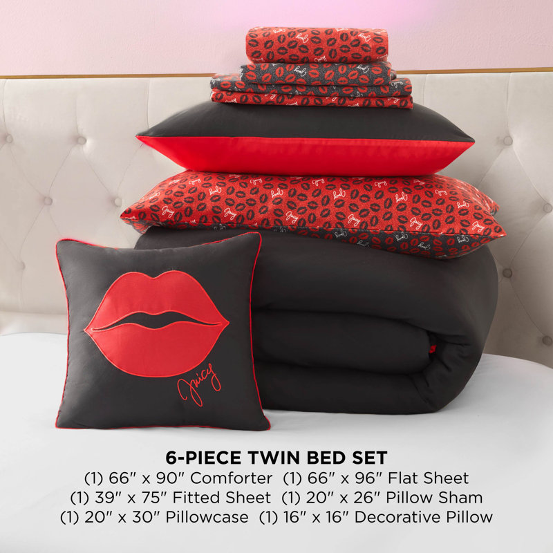 Juicy Couture Cheetah Rebel Lips Solid Reversible Bed-in-a-Bag Comforter Set, Twin