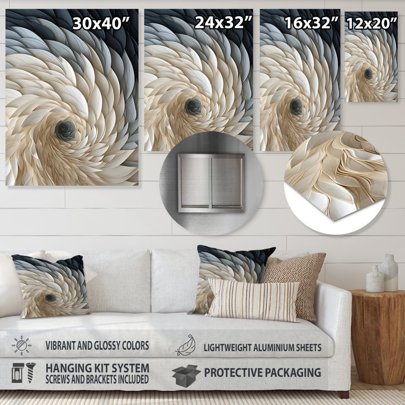 «White and Blue Feather Spiral I», reproduction d'art géométrique murale en métal, H 20 po x l 12 po x P 1 po