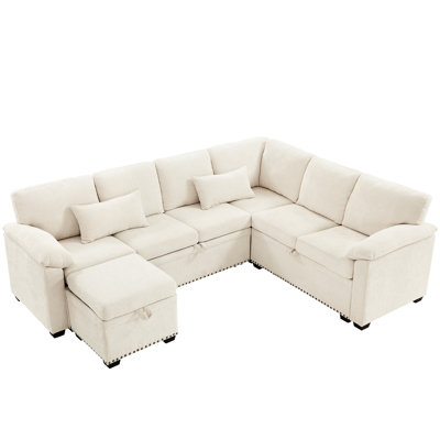 97 Inch L-Shaped Chenille Sectional Couch With 7 Seats, Storage, Beige For Home Storage And Seating Options,