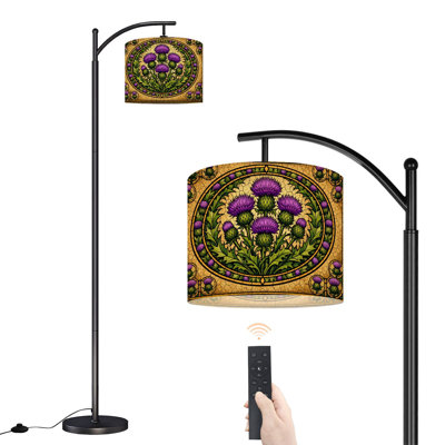 Lampe sur pied à arc avec chardons mauves, vitrail, feuilles ornementales et feuilles vertes avec télécommande, abat-jour réglables, grandes lampes debout pour la lecture, salon, bureau