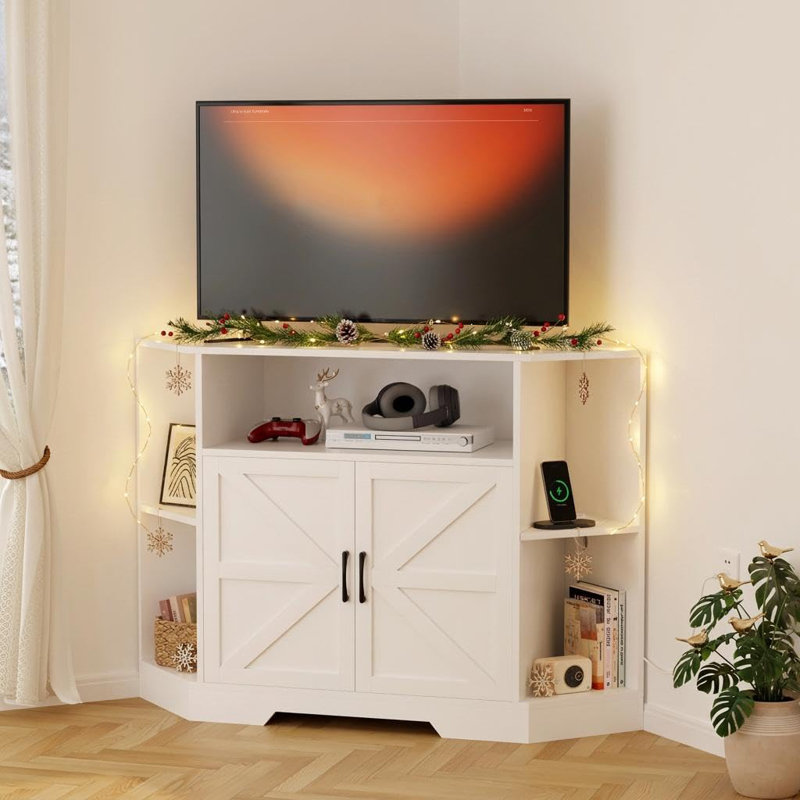 Meuble télé de coin gain de place pour téléviseurs jusqu'à 65 pouces – Centre multimédia avec prise électrique, portes coulissantes et étagères de rangement – ​​Blanc