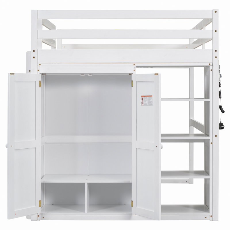 Lit mezzanine en bois avec garde-robe intégré, tablettes de rangement et lumière DEL, Blanc