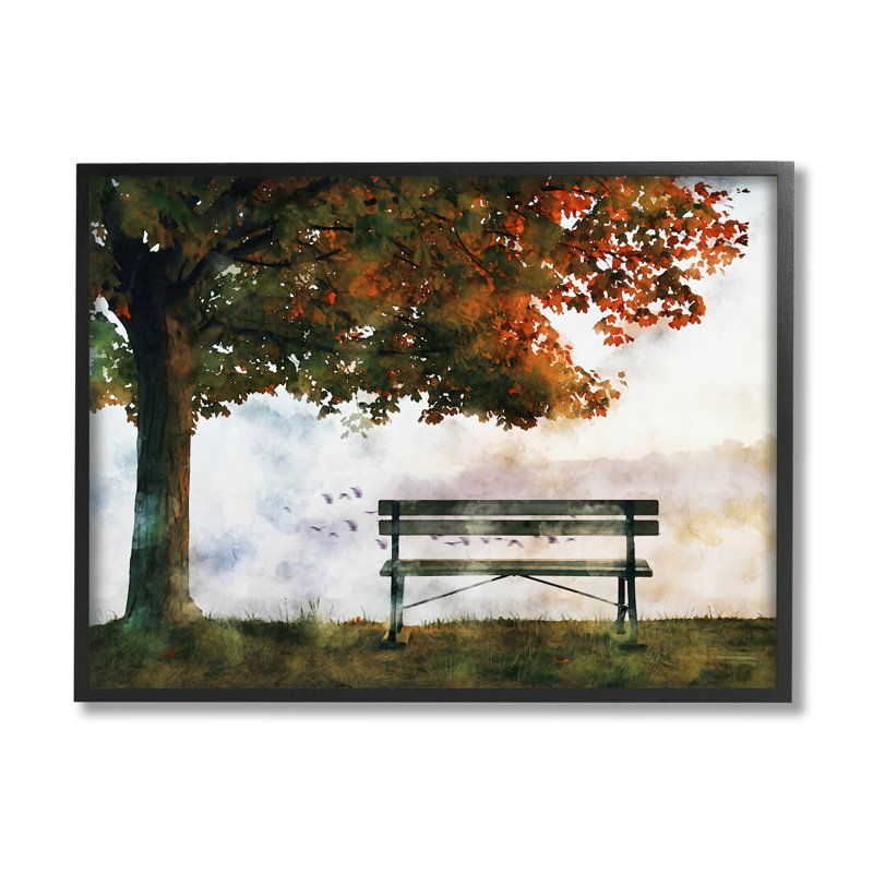 Art mural sur toile tendu, "Quiet Autumn Park banc and Tree" par Ziwei Li, H 20 po x l 16 po, Giclée encadrée noir minuit