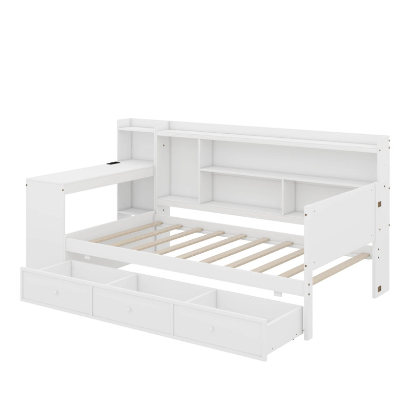 Twin Size Wooden Daybed With Drawers And Desk, White