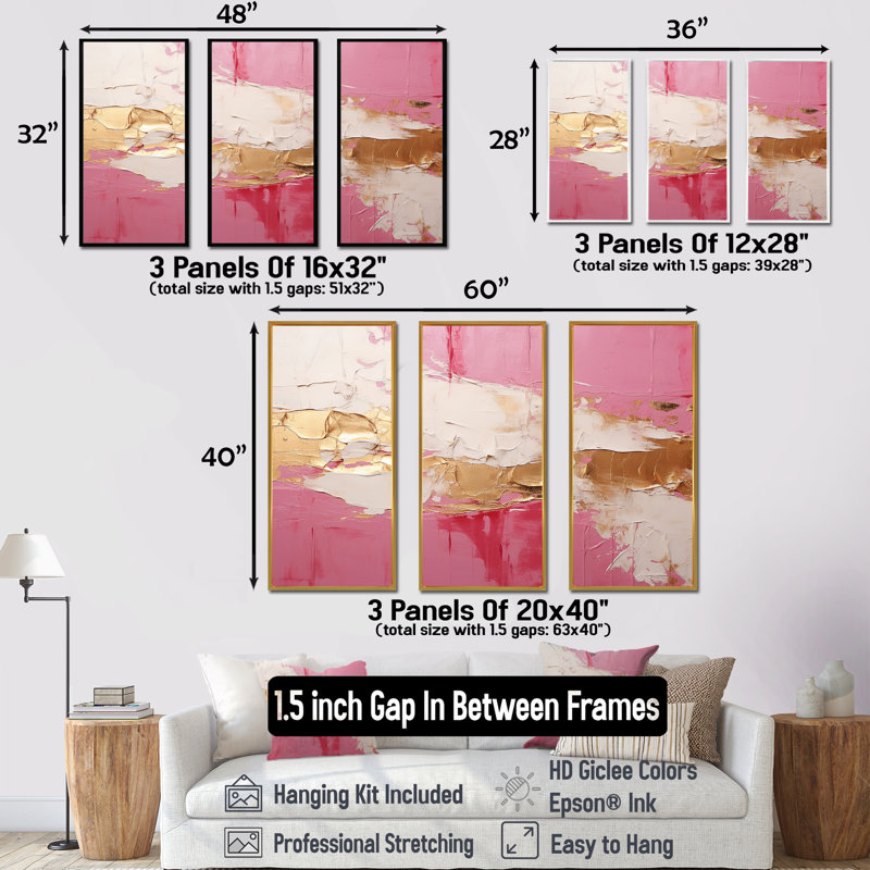 Minimalisme, rose et doré, horizon I - ensemble d'art mural abstrait, H 28 po x l 36 po x P 1 po, Cadre flottant doré