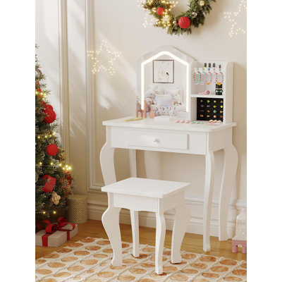 Coiffeuse pour enfants avec miroir lumineux, coiffeuse et tabouret pour petite fille, ensemble de table de maquillage pour tout-petits et ensemble de jeu de maquillage