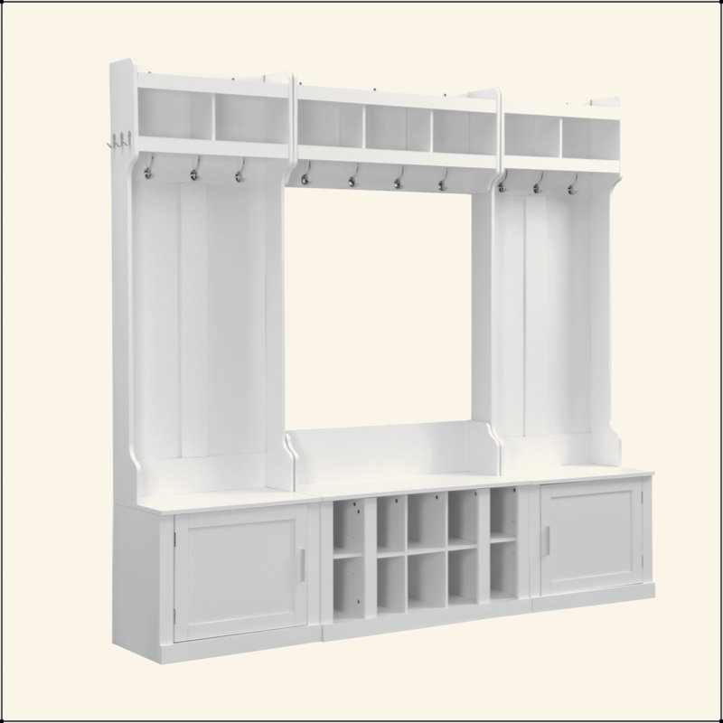 Arbre d'entrée large avec rangement et banc, banc d'entrée multifonctionnel 4-en-1 avec portemanteau et casiers à chaussures, mobilier pratique pour le couloir