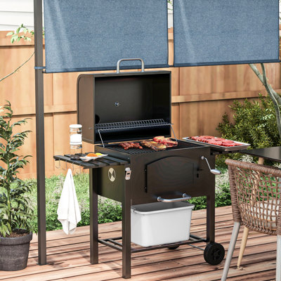 Charcoal Grill By , With 371 Sq.Inch Grilling Surface, Adjustable Height, Folding Shelves, Thermometer, Bottle Opener & Wheels, Black Portable 164 Warming Area Wheels For Backyard,