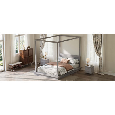 Wooden Canopy Platform Bed with Headboard, Gray
