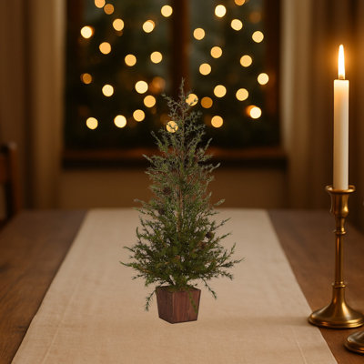 Alpine Christmas Tree in Wood Planter with Pine Cones