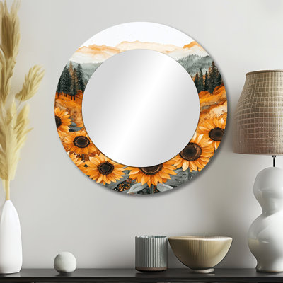 Autumn Sunflowers Field Into The Woods I - Floral Decorative Mirror Wall Art - Printed On Metal