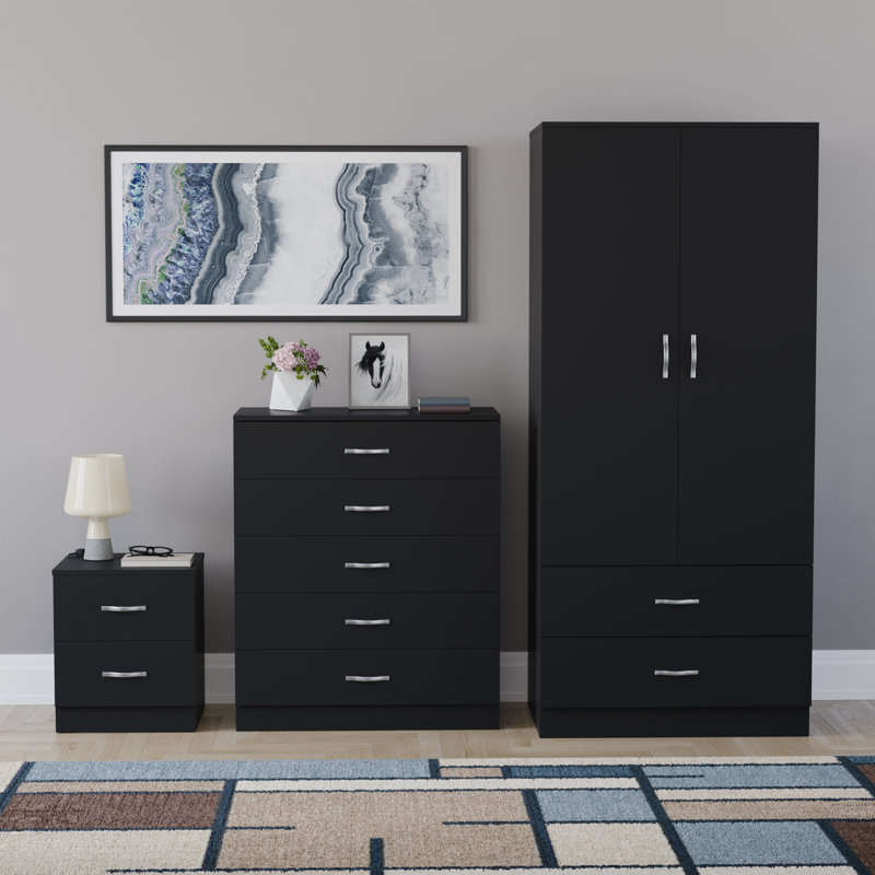 Maybery 3 Piece Bedroom Set (2 Drawer Bedside Chest, 5 Drawer Chest, 2 Door 2 Drawer Wardrobe), (4), Black