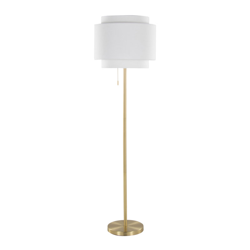 Tier 64" Contemporary Metal Floor Lamp in Gold Metal with Off-White Linen Shade, Off White, Gold