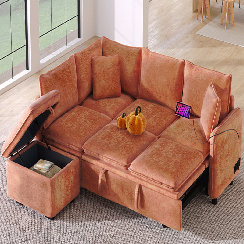 Canapé-lit modulaire en L de 82,67 po avec un repose-pieds avec rangement, deux coussins, deux prises de courant et deux ports USB pour le salon, orange