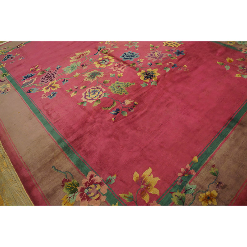 Chinese Art Deco Room Size Rectangle Antique 1920s Wool Knotted Coral Rug