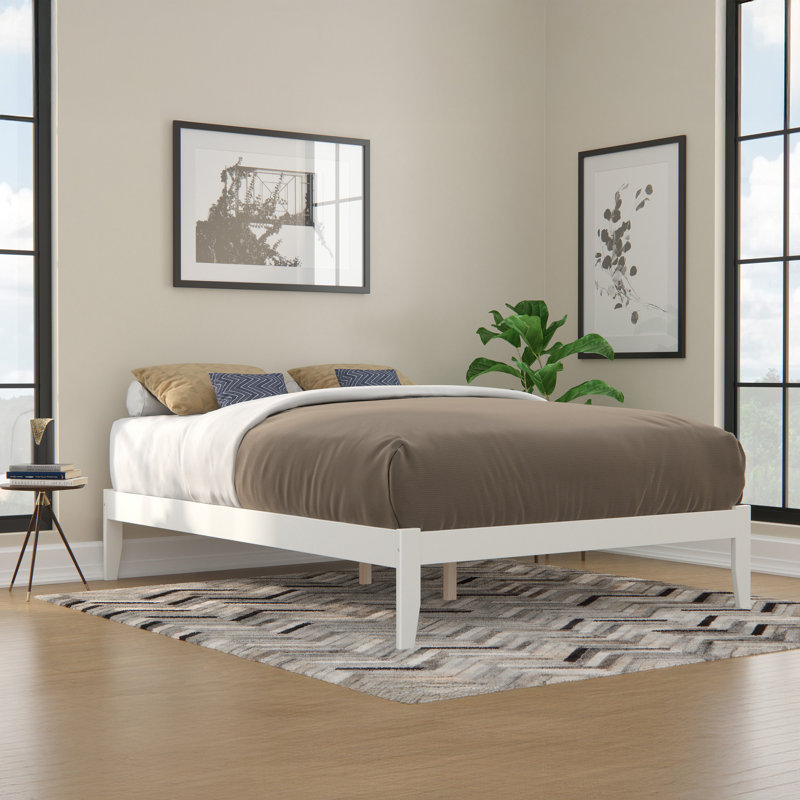 Javaunte Solid Wood Platform Standard Bed, White, Queen