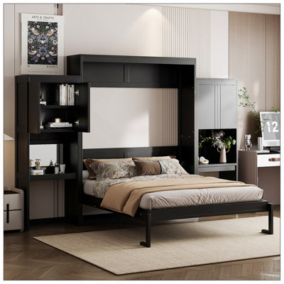 Grand lit escamotable avec bureau, coiffeuse et armoires, espresso