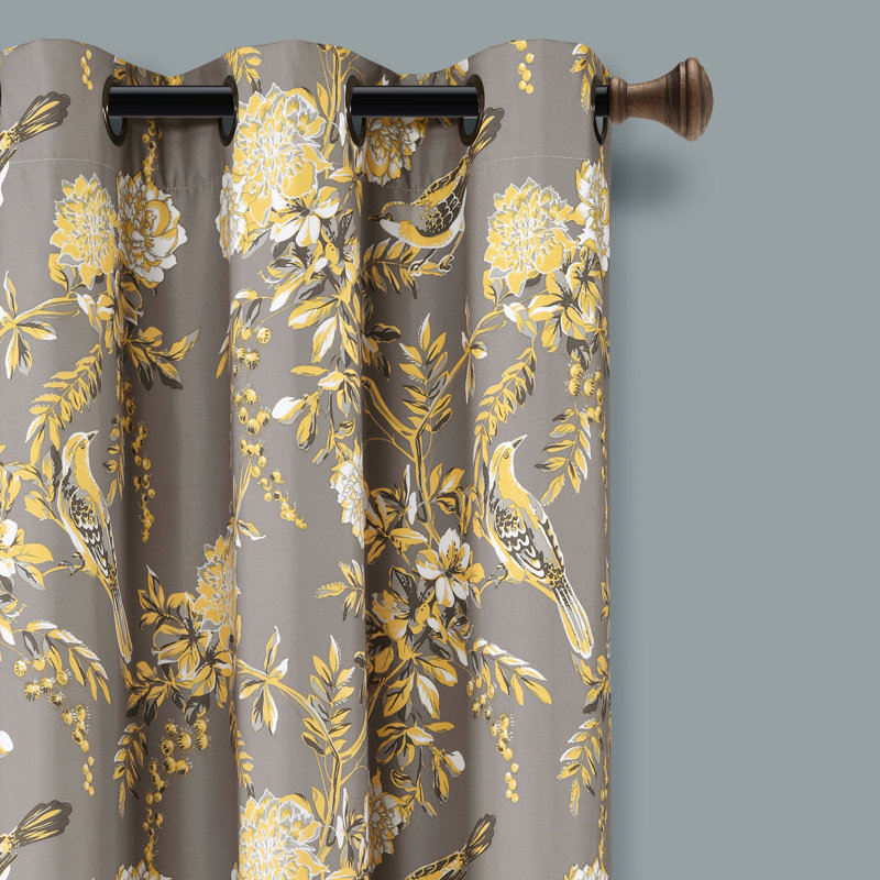 Farmhouse Bird And Flower Curtain Pair, Gray, 38" x 95"