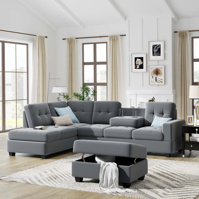 Canapé modulaire réversible de large de 104 po avec repose-pieds Recio, Microfibre gris foncé