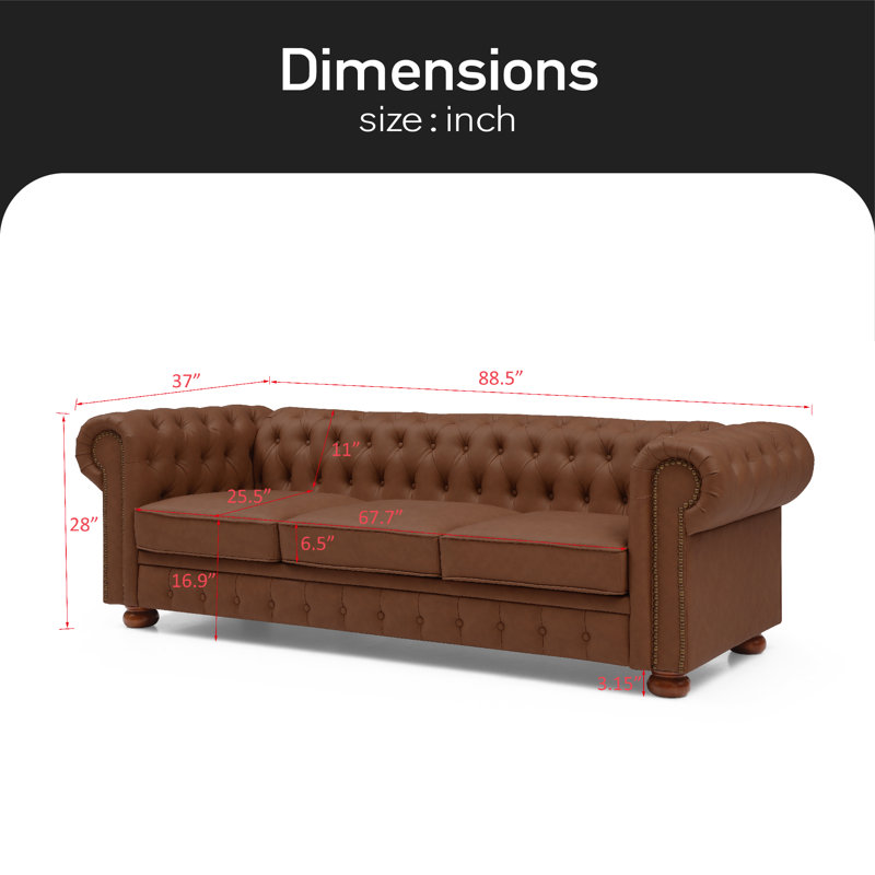 Navas 88.5" Vegan Leather Chesterfield Sofa, Faux Leather Brown