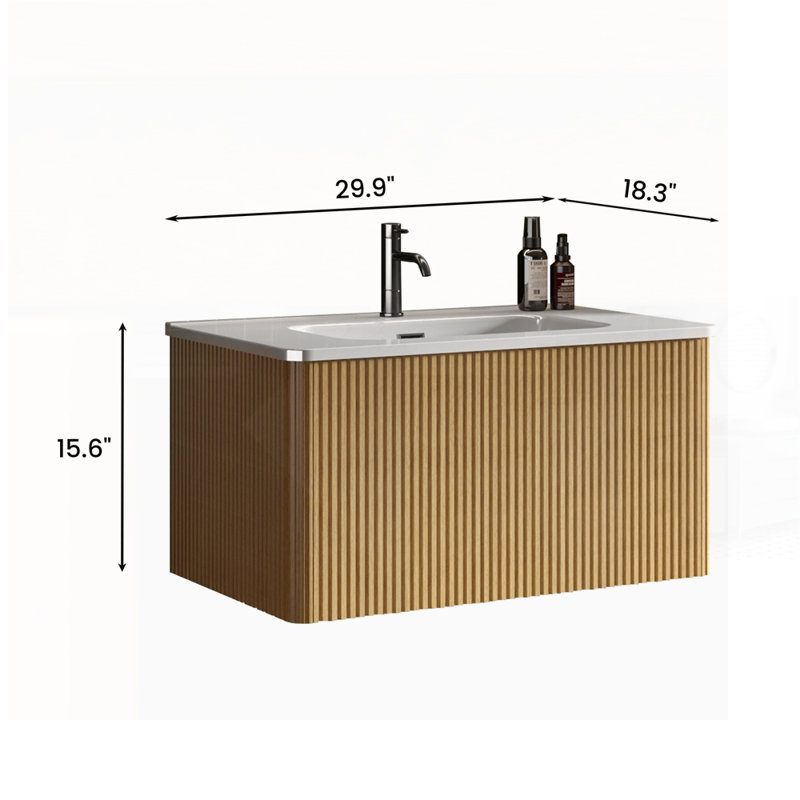 Meuble-lavabo rayé en chêne avec lavabo en céramique blanche, conception flottante murale pour salles de bain modernes et spacieuses