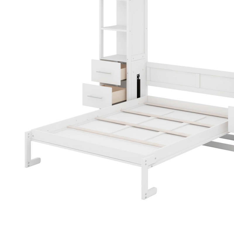 Lit escamotable double avec tablettes, tiroirs et DEL, Full, Blanc